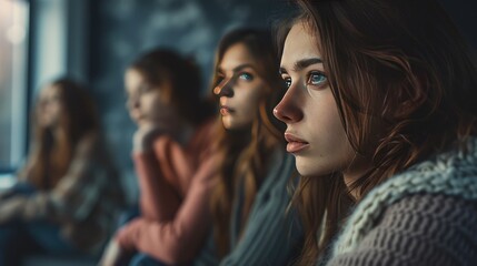 Obraz premium Reflective support group setting with a depressed woman sitting pensively, three other women in the background
