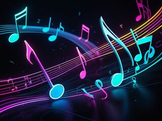 Obraz premium Abstract neon light music notes, glowing space background wallpaper