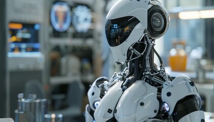 Fototapeta premium Futuristic Humanoid Robot Demonstrating Capabilities in Advanced Science Lab