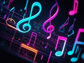 Obraz premium Abstract neon light music notes, glowing space background wallpaper