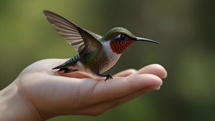 A hummingbird landing on a hand in natur Generative AI