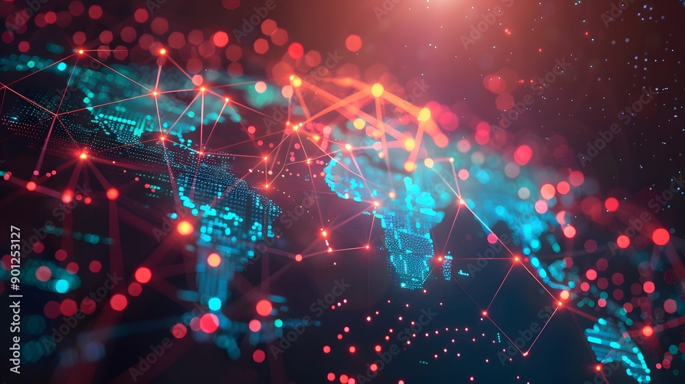 Poster global network visualization with bright connections and data points