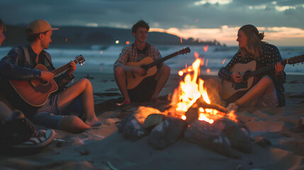 A group of friends sits around a warm bonfire on the beach at dusk, playing guitars and enjoying each other's company. The scene captures the essence of a relaxing evening by the ocean