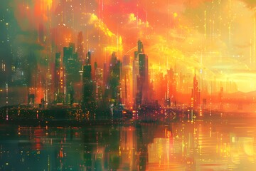 Obraz premium Vibrant Futuristic Cityscape at Sunset with Glowing Reflections