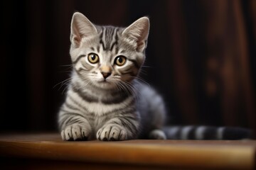 Adorable little gray striped kitten with bright. Attentive eyes. Fluffy fur. And charming whiskers. Gazing peacefully with innocence and curiosity. Sitting on a cozy wooden surface indoors