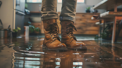 Close-up of a person's boots standing in a flooded kitchen, depicting the severity of indoor water damage. This scene emphasizes the need for immediate home repair and clean-up efforts.