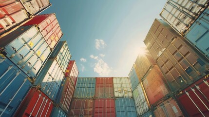 Fototapeta premium Stacked shipping containers in an industrial setting, clear sky and sunlight emphasizing their scale and metallic textures