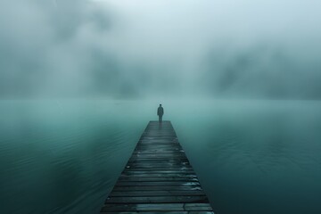 Obraz premium Solitude on a Misty Pier: A Figure Contemplates the Tranquil Waters
