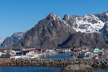 Fototapeta premium sea and village view from henningsvar lofoten norway