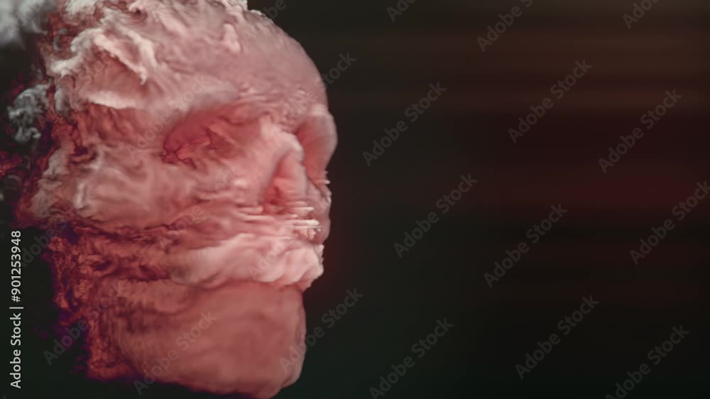 Poster digital animation of a burning red-orange fiery human skull. 3d rendering 4k