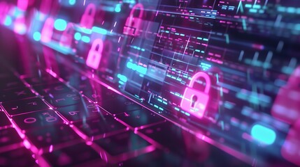 Fototapeta premium Pink Neon Padlock Symbols Hover Over a Laptop Keyboard