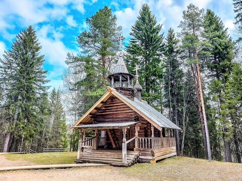Chapel of St. Macarius in Malye Korely , open-air museum, featuring the traditional wooden architecture of Arkhangelsk area., in the north of Russia.