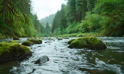 Obraz premium A calm stream flows through a lush forest, Generative AI