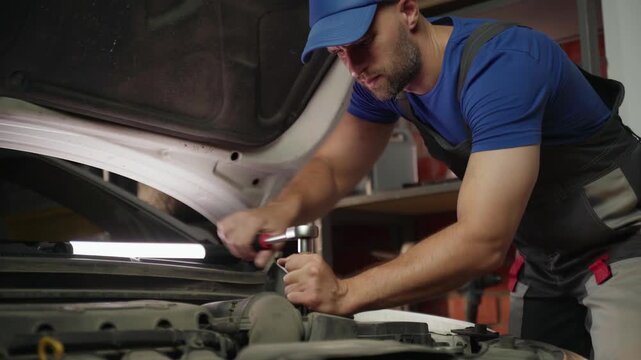 A mechanic is working on the engine of a car in a garage. He is using a wrench to tighten a bolt. The mechanic is wearing a blue shirt and overalls