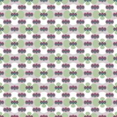 Geometric seamless vector pattern with green, white, blackberry and pale chestnut coloured flowers on light silver background. Great for wrapping paper, nursery wallpaper, home decor and fashion.