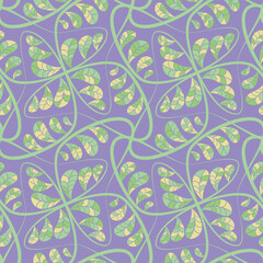 Vintage seamless pattern with hand drawn linear branches and colourful striped leaves on violet background. Vector illustration for wallpaper and fashion fabrics.
