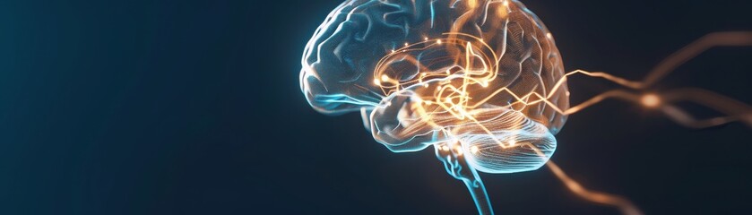 Abstract representation of a glowing brain, showcasing neural connections and electrical impulses on a dark background.