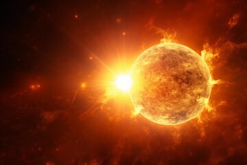 Obraz premium Dramatic illustration of a solar flare bursting from the sun, set against a dark space background