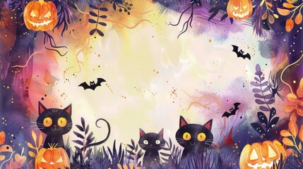 Watercolor frame with delightful Halloween motifs including happy black cats and glowing jack-o'-lanterns, designed for kids