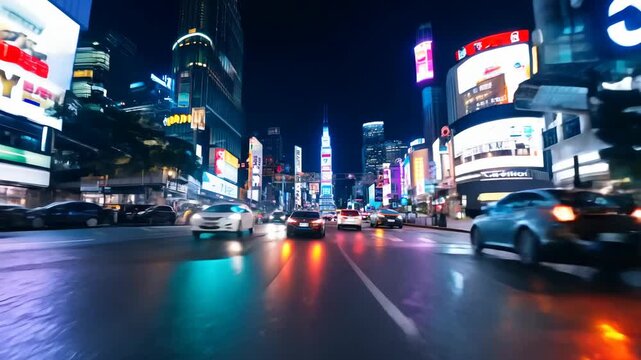 Fast Hyperlapse Through Busy City at Night