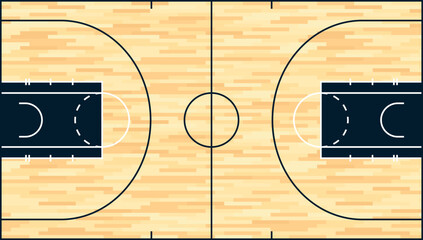 Top view of basketball court with markings, flat vector illustration