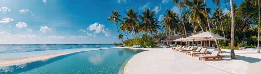 A serene tropical paradise featuring a tranquil poolside, palm trees, and a clear blue sky, perfect for relaxation and vacation.