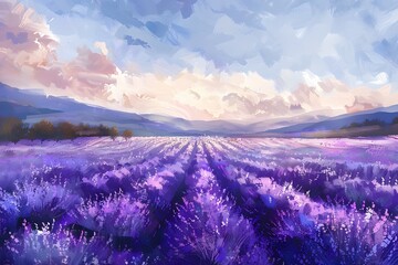 Serene Lavender Fields Under a Colorful Sky
