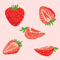 Pixel art strawberries on a light pink background. Ideal for digital projects, textiles, and graphic design