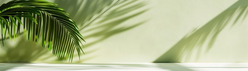 A tranquil interior scene with soft green shadows cast by palm leaves on a light wall, creating a serene and calming atmosphere.