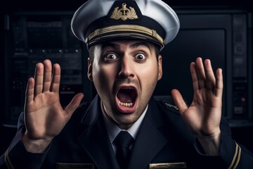 Overwhelmed Shocked aviation pilot. Wow fear. Generate Ai