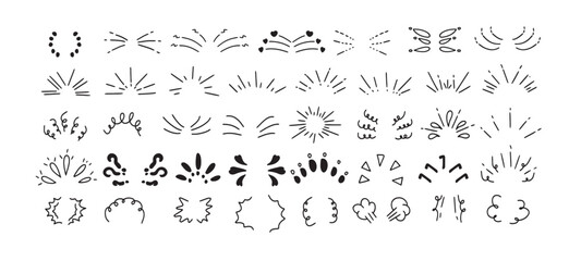 Hand drawn round corner shine. Sunburst sparkle element set. Sun burst doodle icon.Doodle radial line rays. Hand drawn, doodle elements isolated on white background.