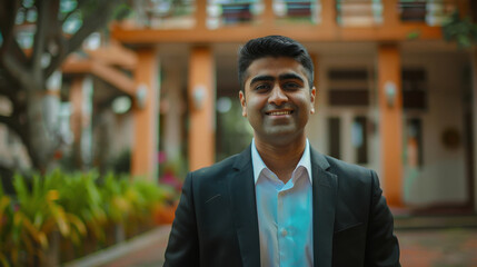 Obraz premium young indian businessman standing in front of office