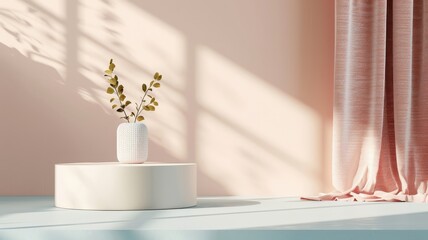 Product showcased on a beige podium in a 3D studio, with a luxurious pastel wall, geometric shapes, and abstract silk textures.