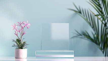 3D glass podium with blue background, transparent stand, clean shape, soft lighting, modern design, purple accents.