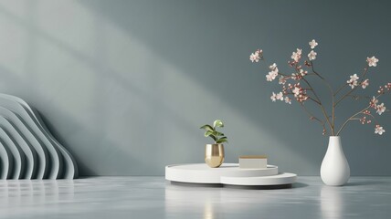3D podium in gold and black, dark wave-patterned background, sophisticated lighting, luxurious product display.