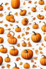 Seamless pattern of pumpkins and autumn leaves on white background