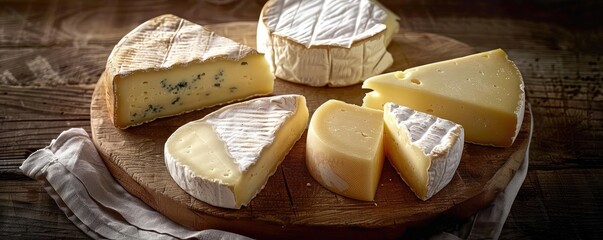 Assorted cheeses on a rustic wooden board, showcasing different textures and flavors. Perfect for culinary presentations or cheese degustation themes.