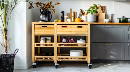 A bamboo kitchen cart with wheels, stocked with kitchen essentials