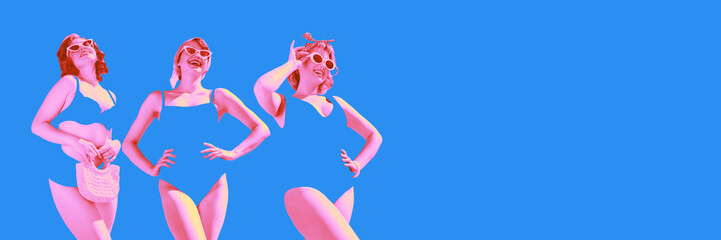Banner. Contemporary art collage. Young women in retro style swimsuits blending with blue background with negative space to insert text. Pop art style. Concept of summer, fashion and style, vacation.
