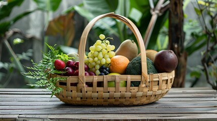A handcrafted bamboo basket filled with fresh fruits and vegetables