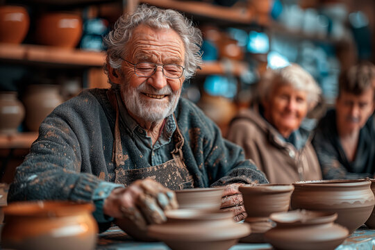 Group of senior adults in a cozy community center attending a pottery class