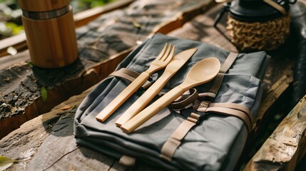 Fototapeta premium A portable bamboo utensil set for camping or travel