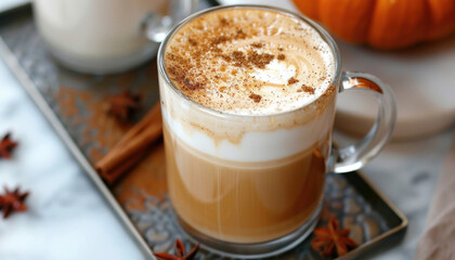 Obraz premium Display a single cup of pumpkin spice latte with cinnamon sticks and star anise on a tray