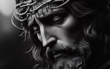 Jesus with crown of thorns with head down over dark wall
