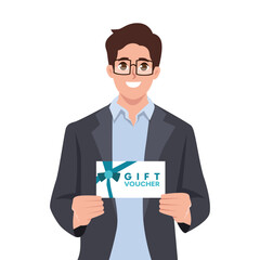 Young man holds gift certificate coupon voucher card. Flat vector illustration isolated on white background