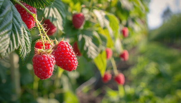 Raspberries ripen on a bush in a garden with strawberries, berries, and salmonberries