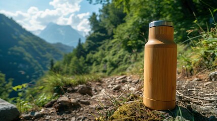 A sleek bamboo water bottle on a hiking trail with a scenic background