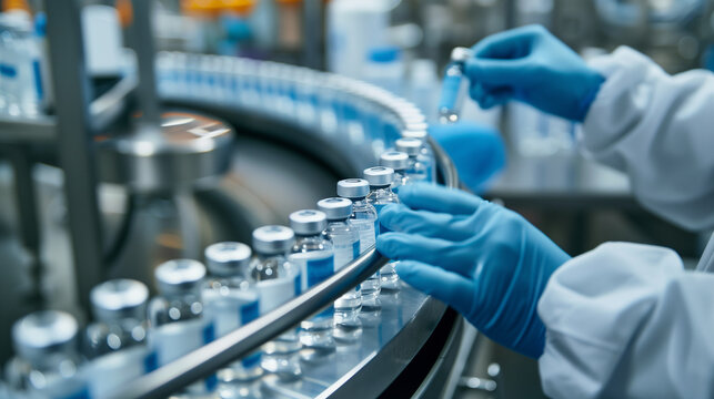 Pharmaceutical production line with vials.