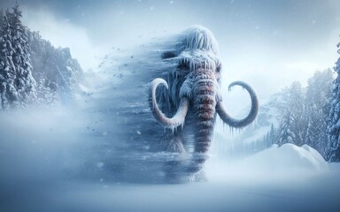 Snowy mammoth on a winter background