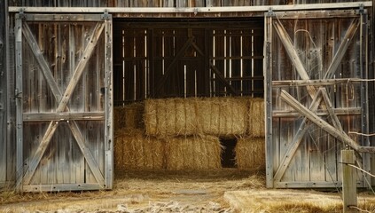 Naklejka premium Barn Door Opening to Stacked Hay Bales